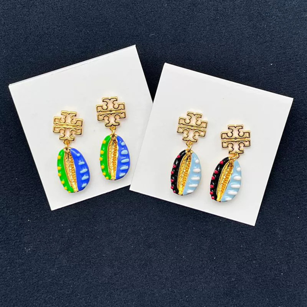 Tory Burch Gold Plated Conch Drop Earrings Double Hollow Letter Enamel